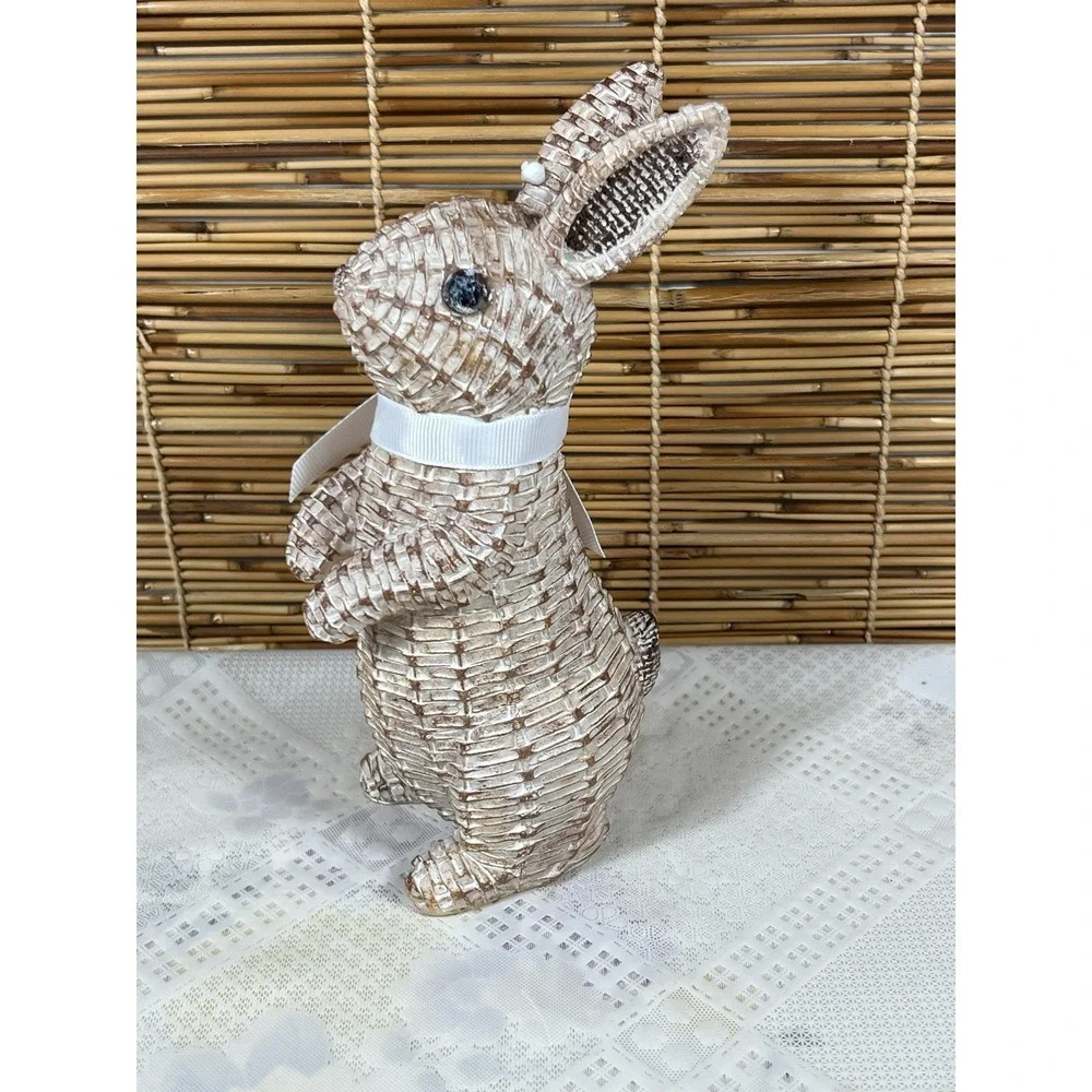 Rattan‎ Rabbit Woven Rabbit Bow Resin Ornaments for Home 8.1in Brown Station